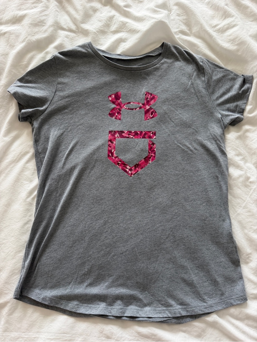 🟢 Under Armour Girls Youth Large YLG Gray Pink Graphic T-Shirt Loose Fit